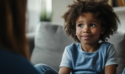 Fototapeta premium Smiling boy with curly hair looking away.