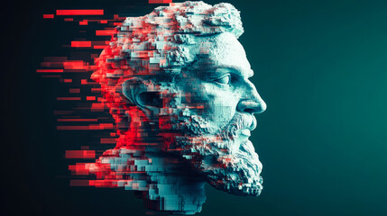 A modern sculpture fragmented into pixels, contrasting traditional artistic form with contemporary digital abstraction.