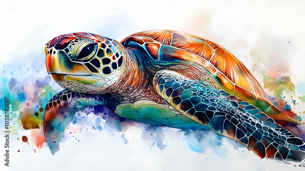 Wall mural Vibrant watercolor illustration of a sea turtle amidst splashes of color.