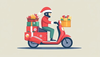 Festive delivery concept: a rider in a Santa hat delivers gifts on a scooter, spreading holiday cheer with colorful presents.