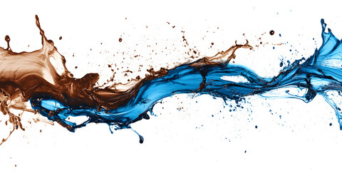 Abstract background features dynamic splashes of blue and brown fluid creating an energetic and artistic flow across a clean white canvas