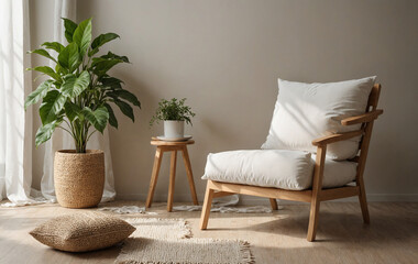 Mockup of a white pillows with wooden chair with window light and green decoration plants