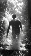Obraz premium Man in the Splash: A Dramatic Black and White Photograph