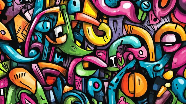 A vibrant, abstract graffiti pattern featuring colorful shapes, lines, and eyes