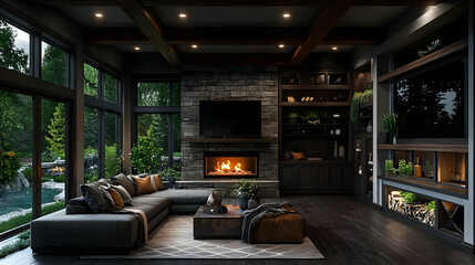 Modern living room with fireplace and large windows overlooking nature.