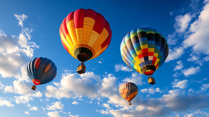 Obraz premium Colorful hot air balloons float gracefully in bright blue sky filled with fluffy clouds, creating vibrant and joyful scene
