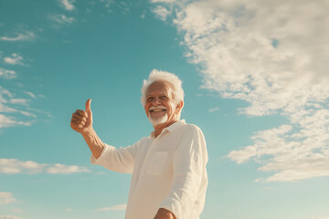 A happy elderly man stands outdoors with a thumb up, smiling brightly against a clear blue sky filled with fluffy clouds