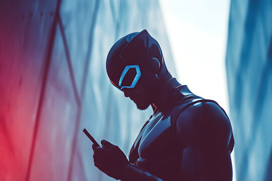 A man in a superhero costume stands in silhouette, looking at his phone with a modern urban backdrop that emphasizes a minimalist aesthetic