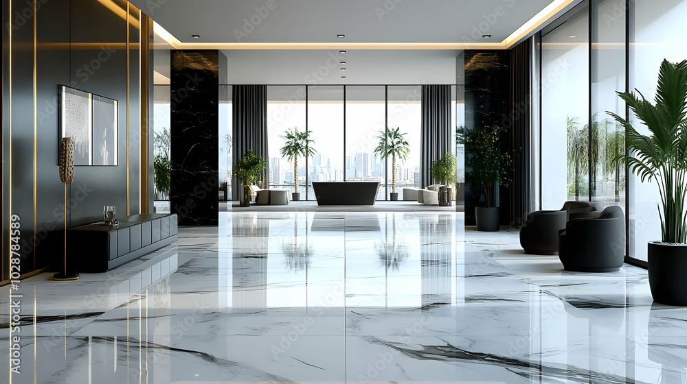 Wall mural Modern lobby with marble flooring and large windows showcasing greenery.