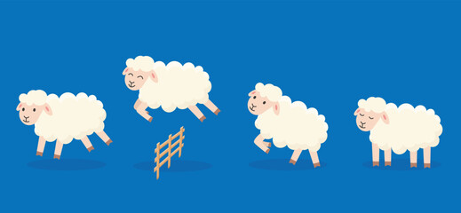 Counting sheep for night sleep. Insomnia. Jumping sheep for  happy dream cartoon vector illustration.