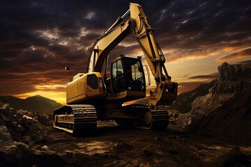 Heavy Excavator at Sunset in Quarry
