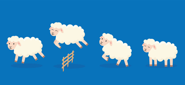 Counting sheep for night sleep. Insomnia. Jumping sheep for  happy dream cartoon vector illustration.