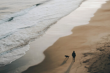 A solitary figure walks along a sandy beach with gentle waves lapping at the shore creating a serene and peaceful atmosphere