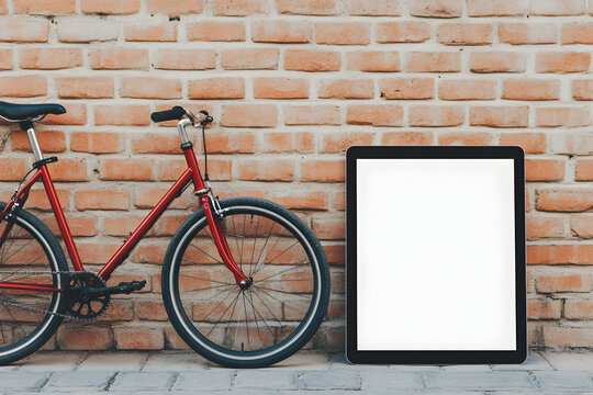 A minimalist scene featuring a tablet beside a red bicycle against a rustic brick wall, highlighting simplicity and urban lifestyle - Powered by Adobe
