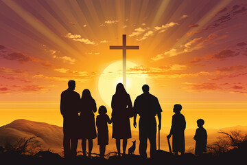 Silhouette of Family at Cross during Sunset