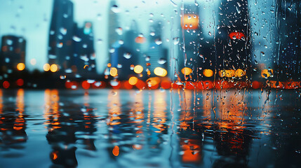  A close-up image of water droplets splashing, reflecting a blurred city skyline with vibrant lights.