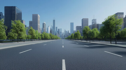 "A straight asphalt road leading towards a city skyline adorned with modern buildings."

