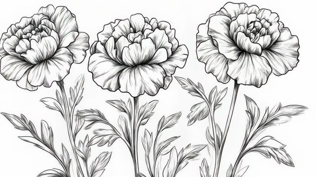 A pencil drawing of three flowers with detailed petals and stems