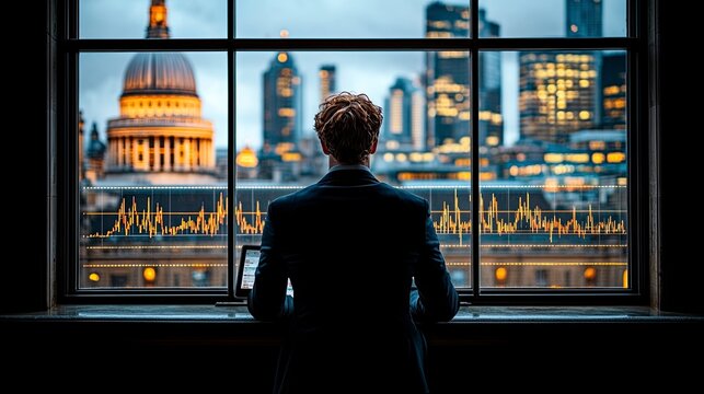 Financial Analyst Overlooking London Skyline with Data Visualization - Powered by Adobe