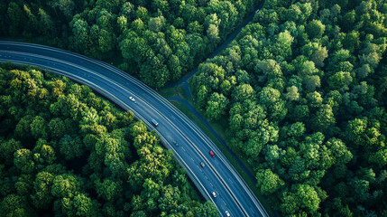 "Aerial perspective of a lakeside road with a car driving along its edge."

