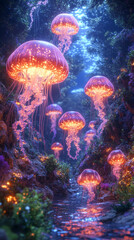 Fototapeta premium Mystical Coral Forest Underwater with Glowing Jellyfish and Ambient Light