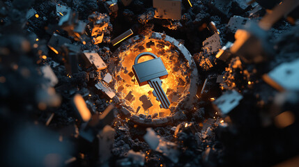 glowing key surrounded by debris symbolizes security and protection in digital world. contrast of light and dark evokes sense of mystery and intrigue