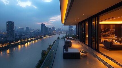 Modern Penthouse Balcony with Cityscape View at Night