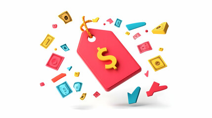 3D Floating Promotional Tag with Currency Symbols & Marketing Arrows - Vibrant Vector Illustration Highlighting Financial Discounts & Strategic Advertising on a White Background