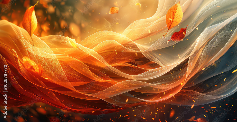 Poster an abstract background that embodies the feel of an autumn breeze. use swirling patterns in shades o