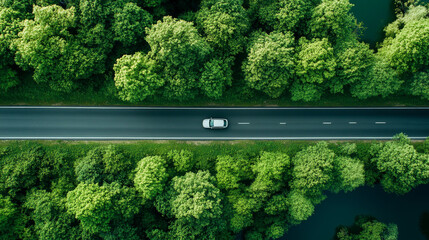 "Aerial perspective of a lakeside road with a car driving along its edge."

