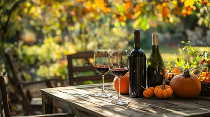 Naklejka premium Autumn wine tasting in a garden: rustic wooden table with red wine glasses, bottles, and pumpkins under colorful fall foliage, creating a cozy harvest atmosphere.