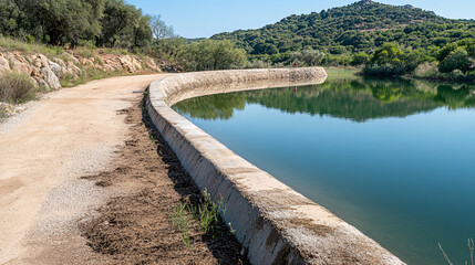 Fototapeta premium serene landscape featuring curved concrete path alongside calm body of water, surrounded by lush greenery and hills. tranquil scene invites relaxation and reflection