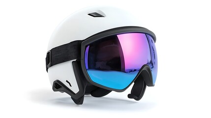 White ski helmet with goggles isolated on white background.
