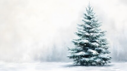 A detailed evergreen Christmas tree in minimalist watercolor style with soft lighting against a white background, embodying a festive holiday theme.