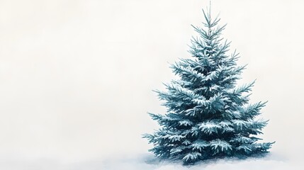 A detailed evergreen Christmas tree in minimalist watercolor style with soft lighting against a white background, embodying a festive holiday theme.