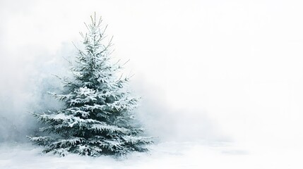 A detailed evergreen Christmas tree in minimalist watercolor style with soft lighting against a white background, embodying a festive holiday theme.