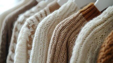 Close-up of various knitted wool sweaters in warm autumn colors hanging on a white rack, showcasing textured chunky knit patterns and cozy fashion.