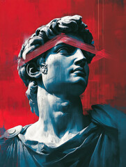 Obraz premium A neoclassical bust adorned with red abstract lines, reflecting a unique integration of traditional sculpture and modern art elements.