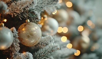 Sparkling holiday ornament hanging on a pine tree with blurred golden lights in the background