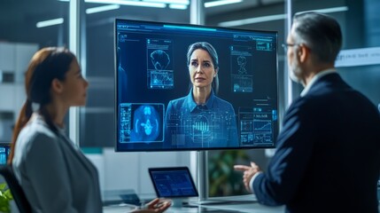 Fototapeta premium Businessman in a professional room talking to a digital avatar displayed on a portrait-mode flat screen