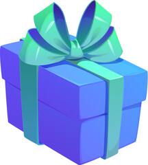 Cartoon Christmas and birthday holiday gift box. Bright blue square box wrapped with a lush ribbon. Isolated vector xmas present or surprise conveys a festive vibe of seasonal celebration and events