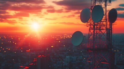 Communication radar featuring satellite dishes and telecommunication towers with antennas, set against an urban skyline during sunset with bokeh lights.