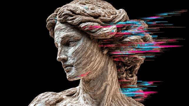 A classical sculpture's face merges with digital glitch effects, blending tradition with modern digital artistry in a unique fusion.