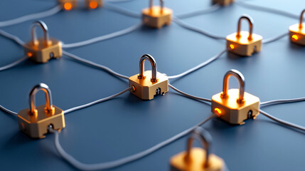 Secure connections are represented by golden padlocks linked by wires, symbolizing safety and protection in digital network. image conveys sense of security and interconnectedness