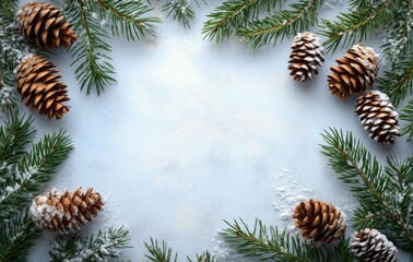 Naklejka premium Snow dusted pinecones and evergreen branches create a winter themed border on a white background