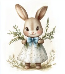 Obraz premium Cute rabbit in a white dress holding green branches in a serene garden setting