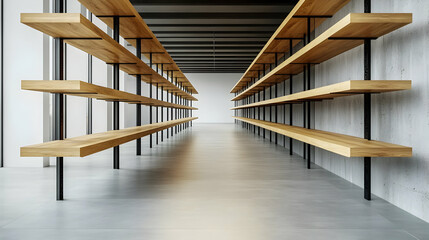 Modern interior with wooden shelves and concrete flooring.