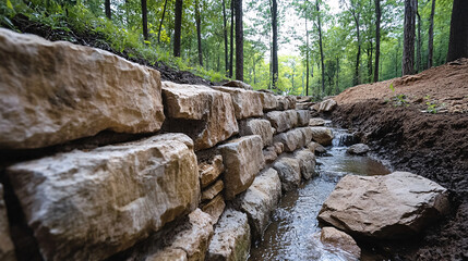 stone retaining wall alongside small stream in forested area, showcasing natural landscaping and tranquility. scene evokes sense of peace and connection with nature