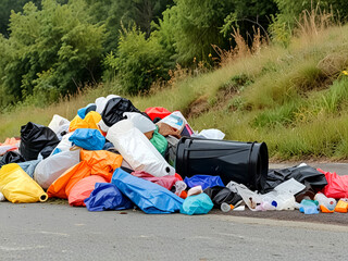 Fototapeta premium Mountains of colored garbage on the side of the road. Environmental pollution.