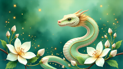 Fototapeta premium watercolor drawing of a serpent amidst white Blossoms